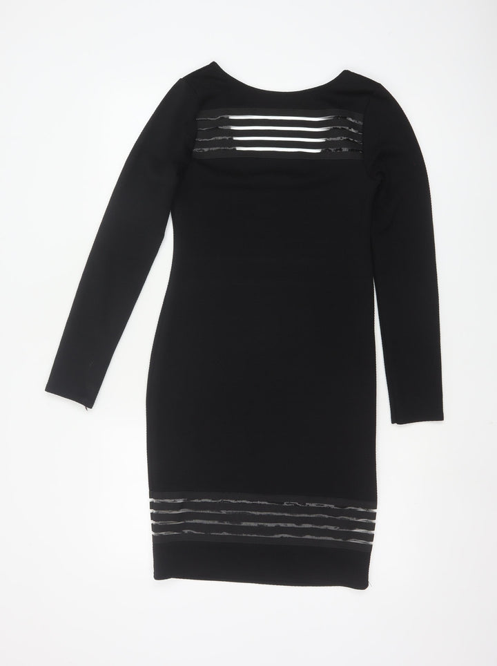 Lipsy Women Black Size 10 Bodycon Knit Dress with Sheer Striped Detail