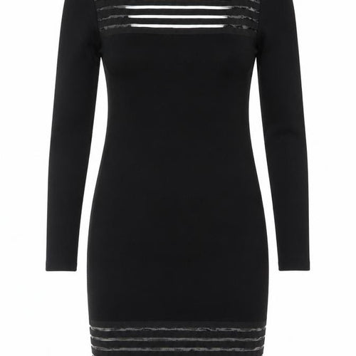 Lipsy Women Black Size 10 Bodycon Knit Dress with Sheer Striped Detail