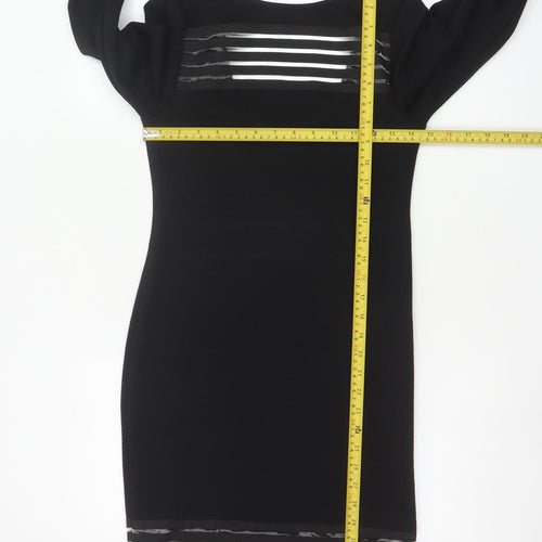 Lipsy Women Black Size 10 Bodycon Knit Dress with Sheer Striped Detail