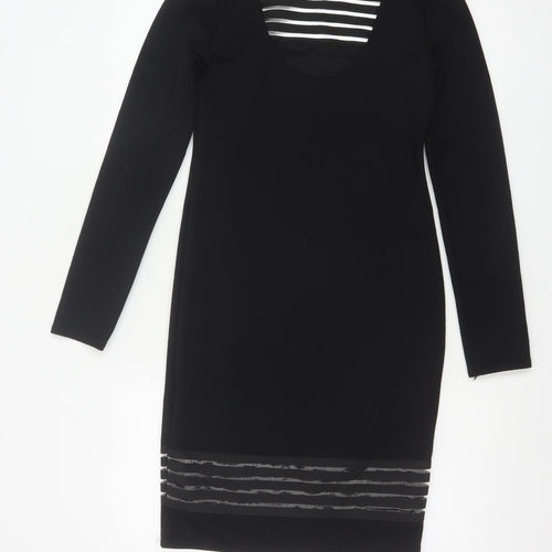Lipsy Women Black Size 10 Bodycon Knit Dress with Sheer Striped Detail