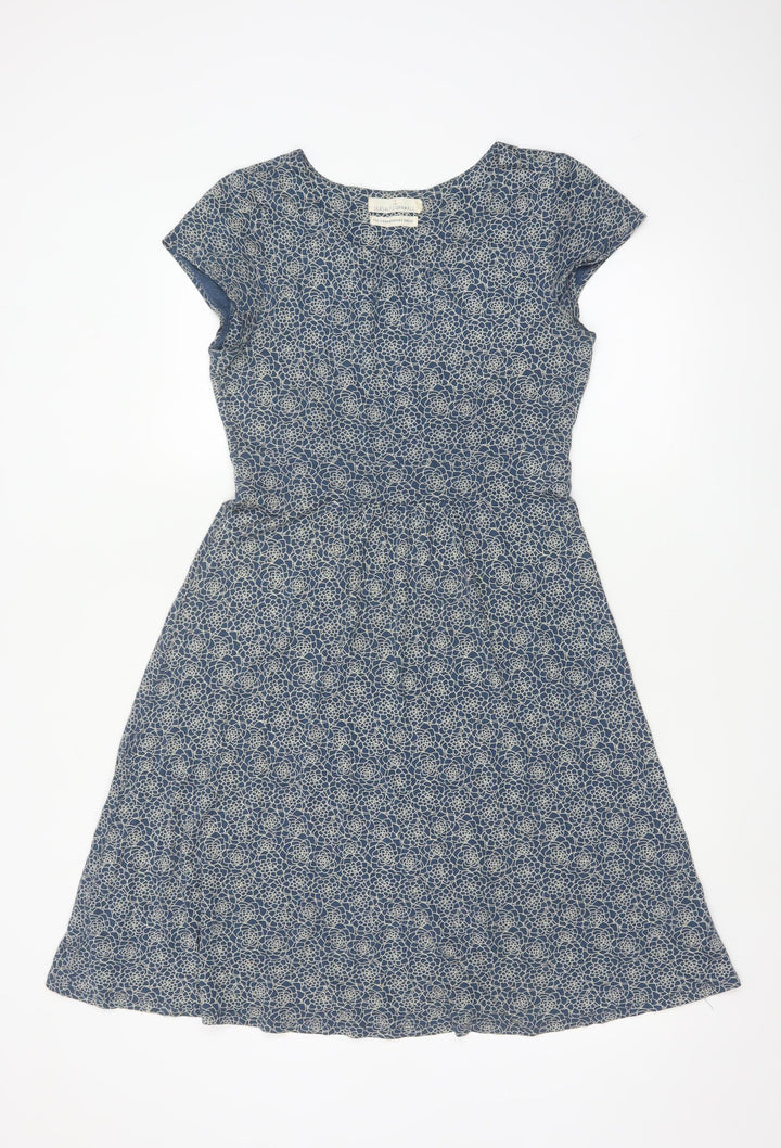 Seasalt Cornwall Womens Blue Floral A-Line Dress Size 8 Short Sleeve