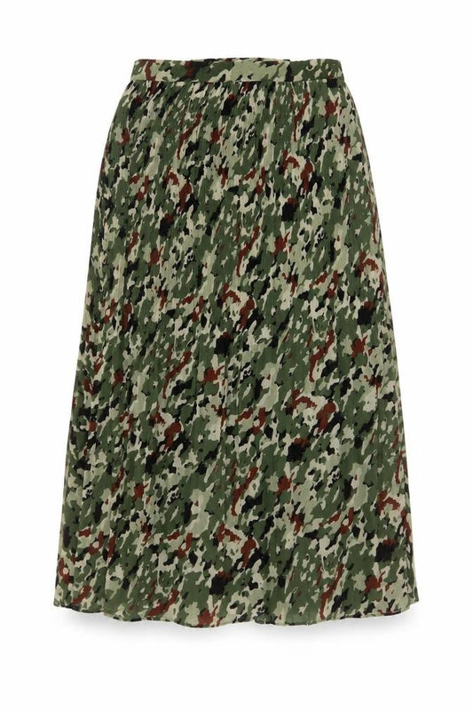 Front view of Hush Women’s Green Camouflage Pleated Midi Skirt, size UK 10