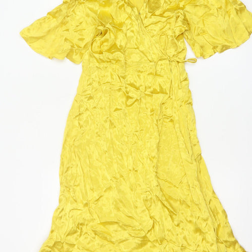 MNG Women’s Yellow V-Neck Flutter Sleeve Wrap Midi Dress Size 10