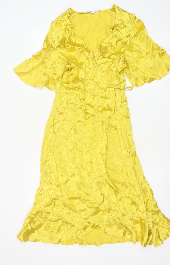 MNG Women’s Yellow V-Neck Flutter Sleeve Wrap Midi Dress Size 10