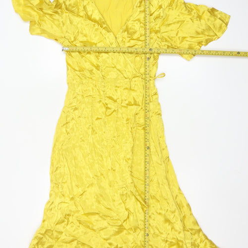 MNG Women’s Yellow V-Neck Flutter Sleeve Wrap Midi Dress Size 10