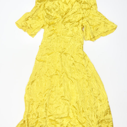 MNG Women’s Yellow V-Neck Flutter Sleeve Wrap Midi Dress Size 10