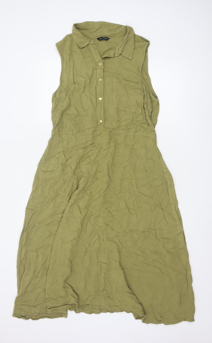 ET VOUS Women Green Size 18 Collared Sleeveless Shirt Dress