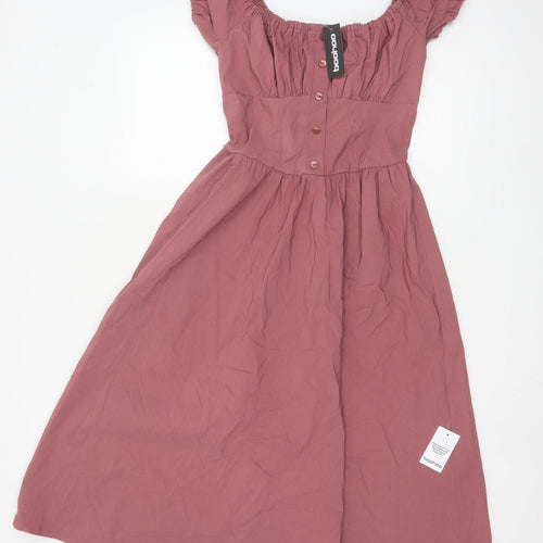 Boohoo Women Pink Midi A-Line Puff Sleeve Dress UK 10