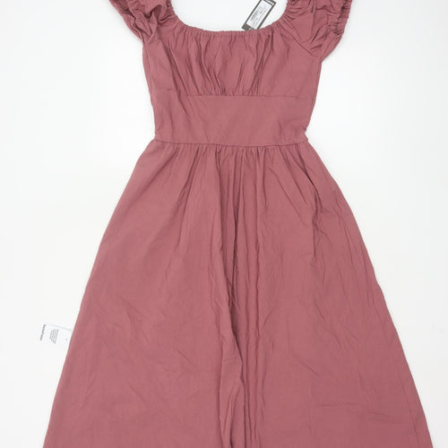 Boohoo Women Pink Midi A-Line Puff Sleeve Dress UK 10