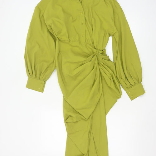 PrettyLittleThing Women’s Green Size 6 Collared Ruched Midi Shirt Dress