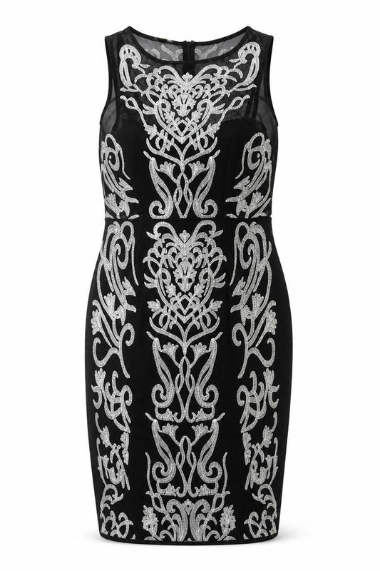 Front view of Monsoon women’s black beaded bodycon dress, size UK 12, party cocktail