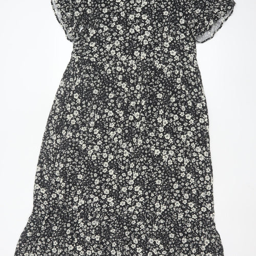 Next Women Black Floral Midi A-Line Dress Size 10 Short Sleeve