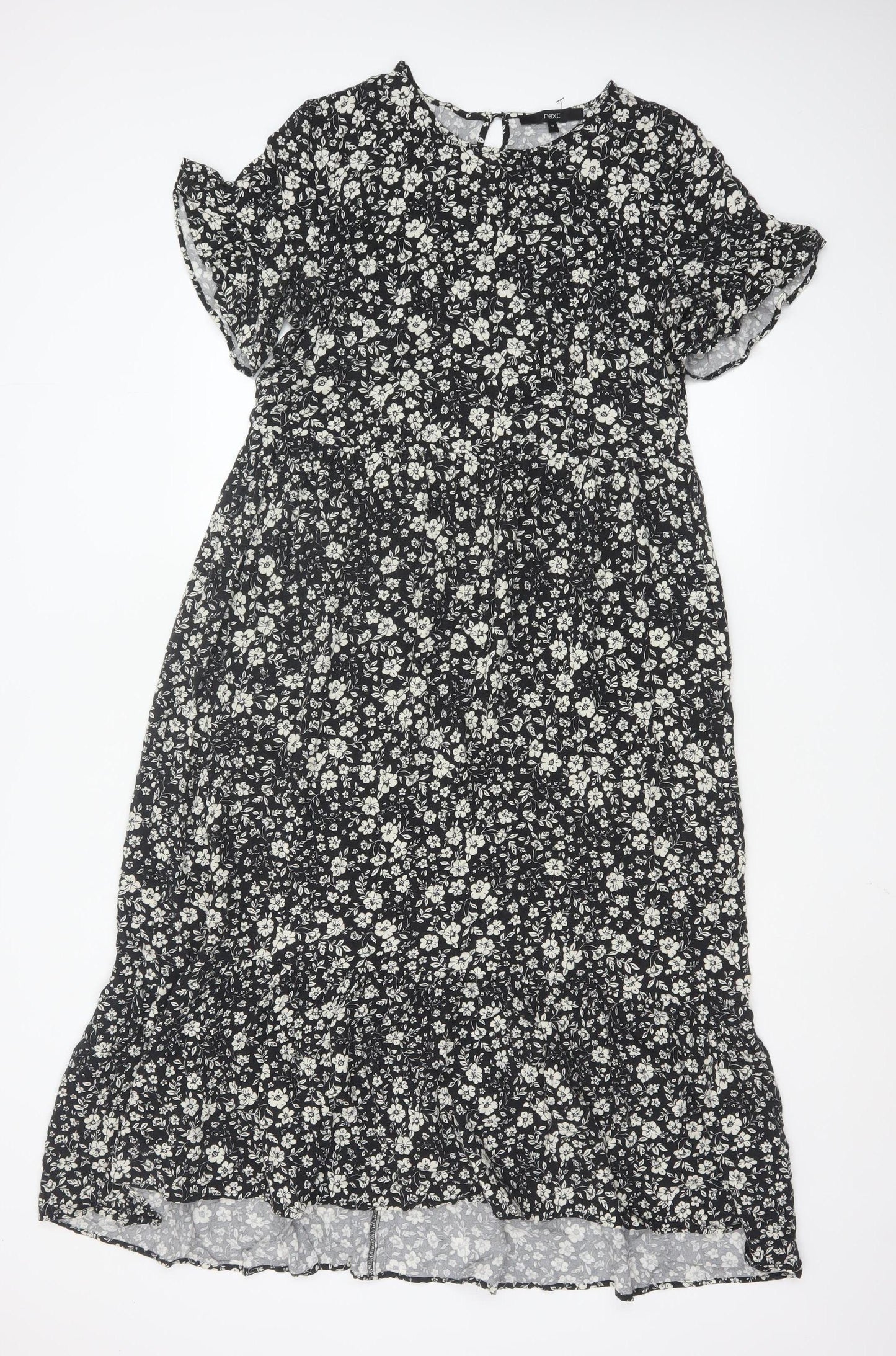 Next Women Black Floral Midi A-Line Dress Size 10 Short Sleeve