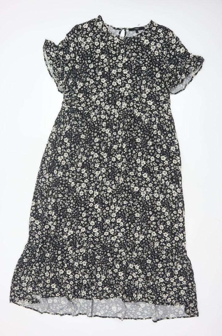 Next Women Black Floral Midi A-Line Dress Size 10 Short Sleeve