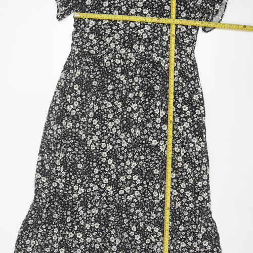 Next Women Black Floral Midi A-Line Dress Size 10 Short Sleeve