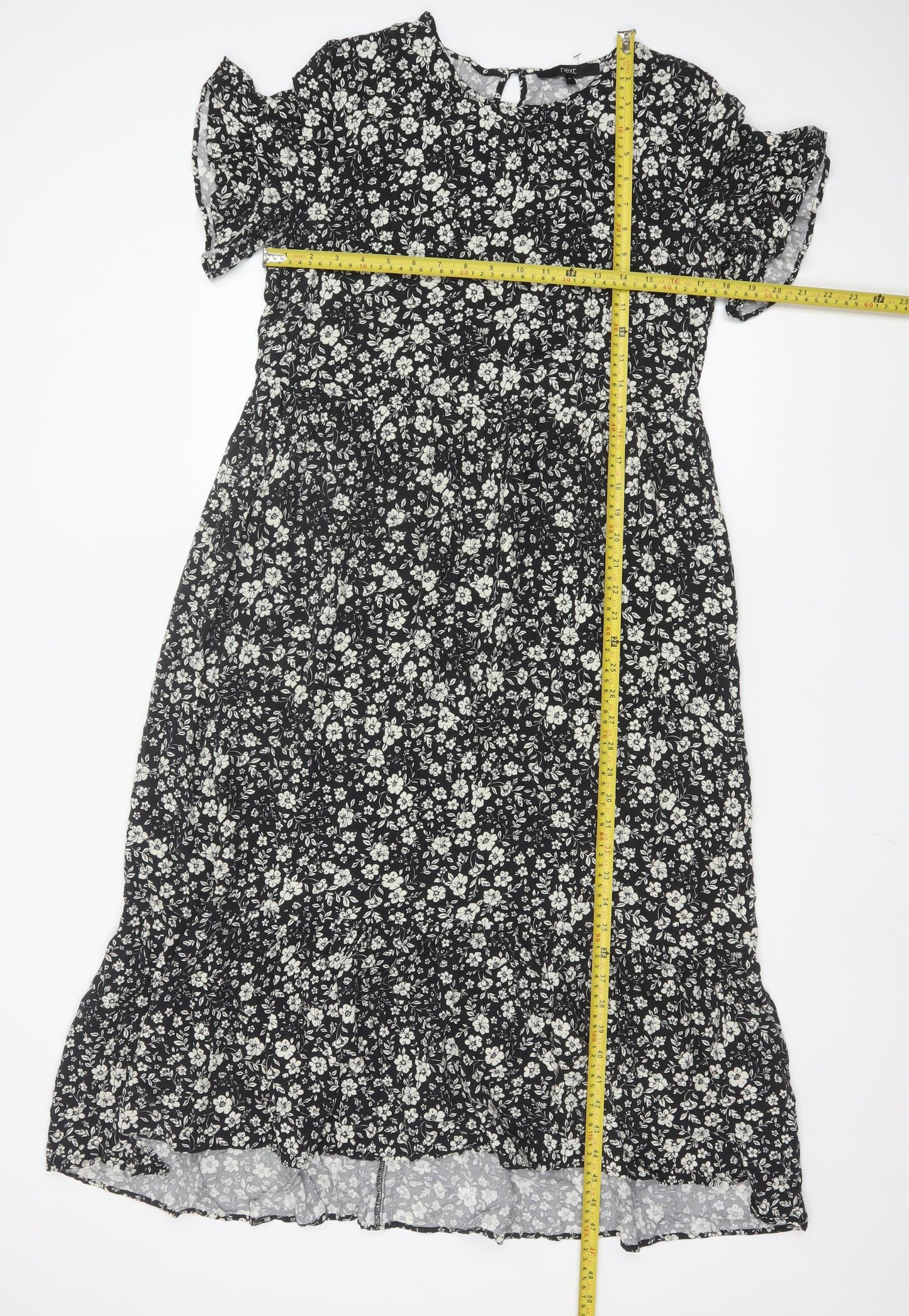 Next Women Black Floral Midi A-Line Dress Size 10 Short Sleeve
