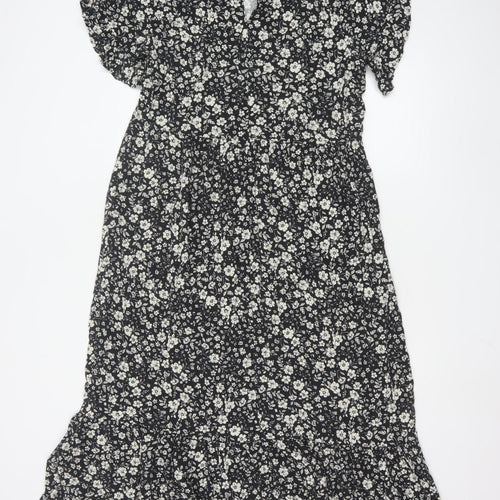 Next Women Black Floral Midi A-Line Dress Size 10 Short Sleeve