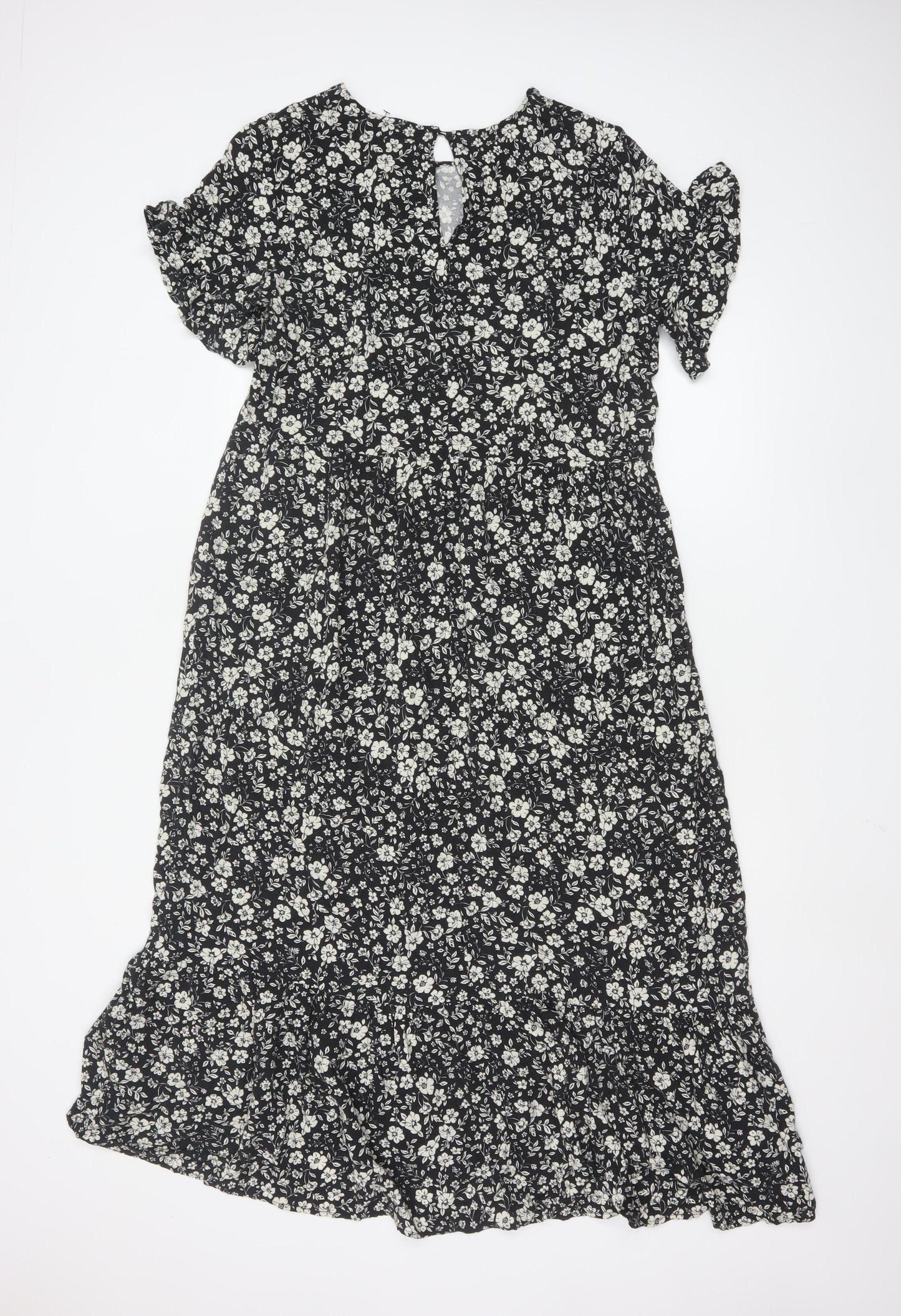Next Women Black Floral Midi A-Line Dress Size 10 Short Sleeve