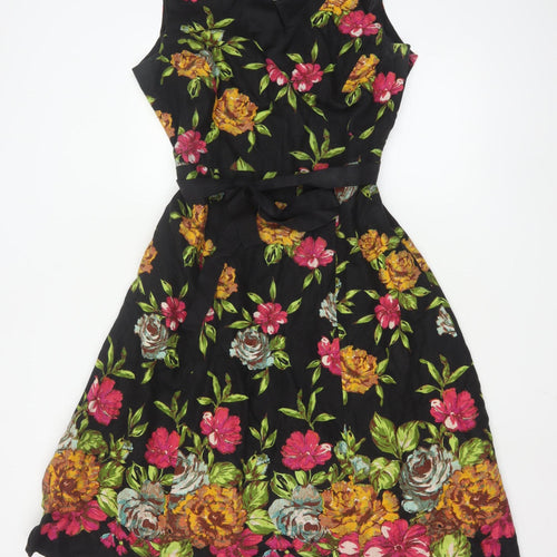 East Women Black Floral Linen Fit & Flare Dress Size 16