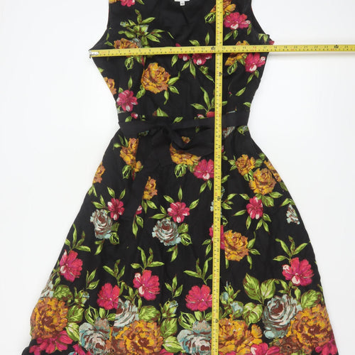 East Women Black Floral Linen Fit & Flare Dress Size 16