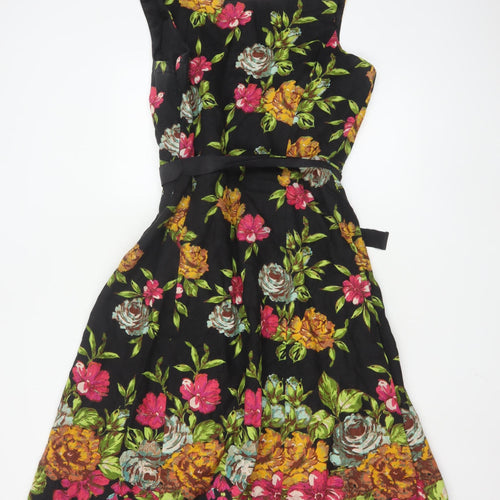 East Women Black Floral Linen Fit & Flare Dress Size 16