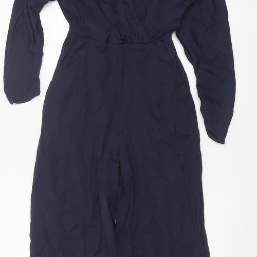 AX Paris Women's Navy Blue Long Sleeve V-Neck Wide Leg Jumpsuit Size 10
