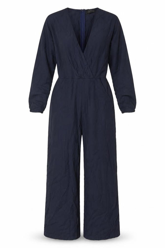 AX Paris Women's Navy Blue Long Sleeve V-Neck Wide Leg Jumpsuit Size 10