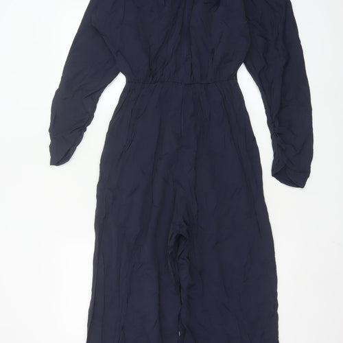 AX Paris Women's Navy Blue Long Sleeve V-Neck Wide Leg Jumpsuit Size 10