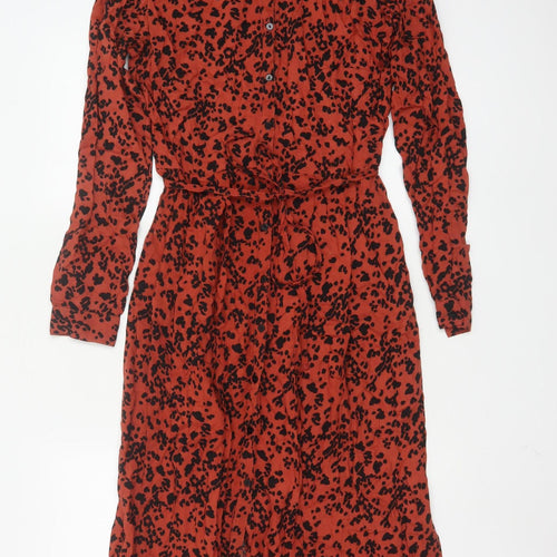 Monsoon Women Red Animal Print Shirt Dress Size 10 Midi Long Sleeve