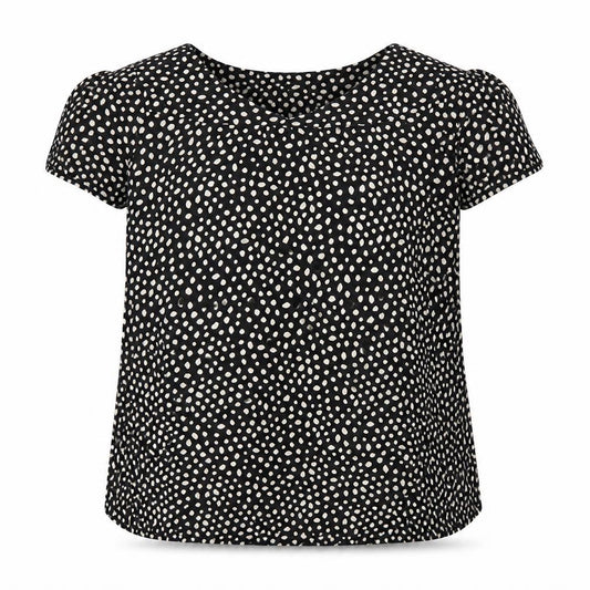 Front view of FatFace women’s black polka dot viscose tunic blouse, size UK 10