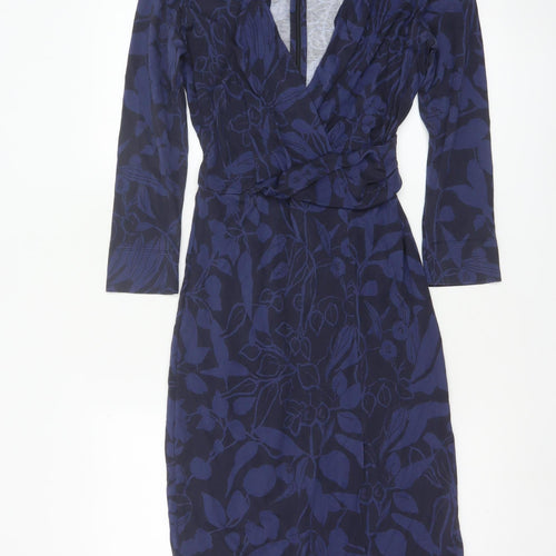 Jigsaw Women’s Blue Floral Bodycon Dress Size S 3/4 Sleeve V-Neck