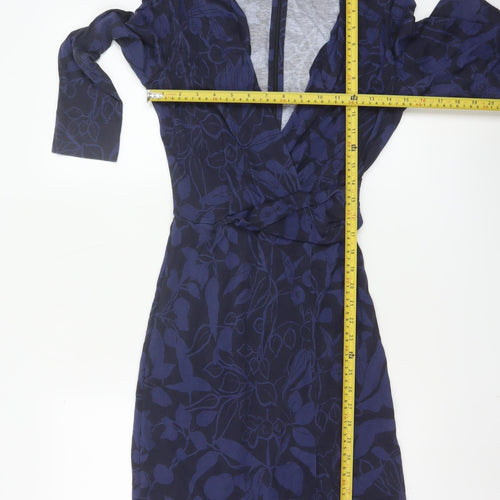 Jigsaw Women’s Blue Floral Bodycon Dress Size S 3/4 Sleeve V-Neck