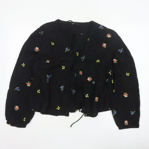 Nobody’s Child Women’s Black Floral Embroidered Peasant Blouse UK 14