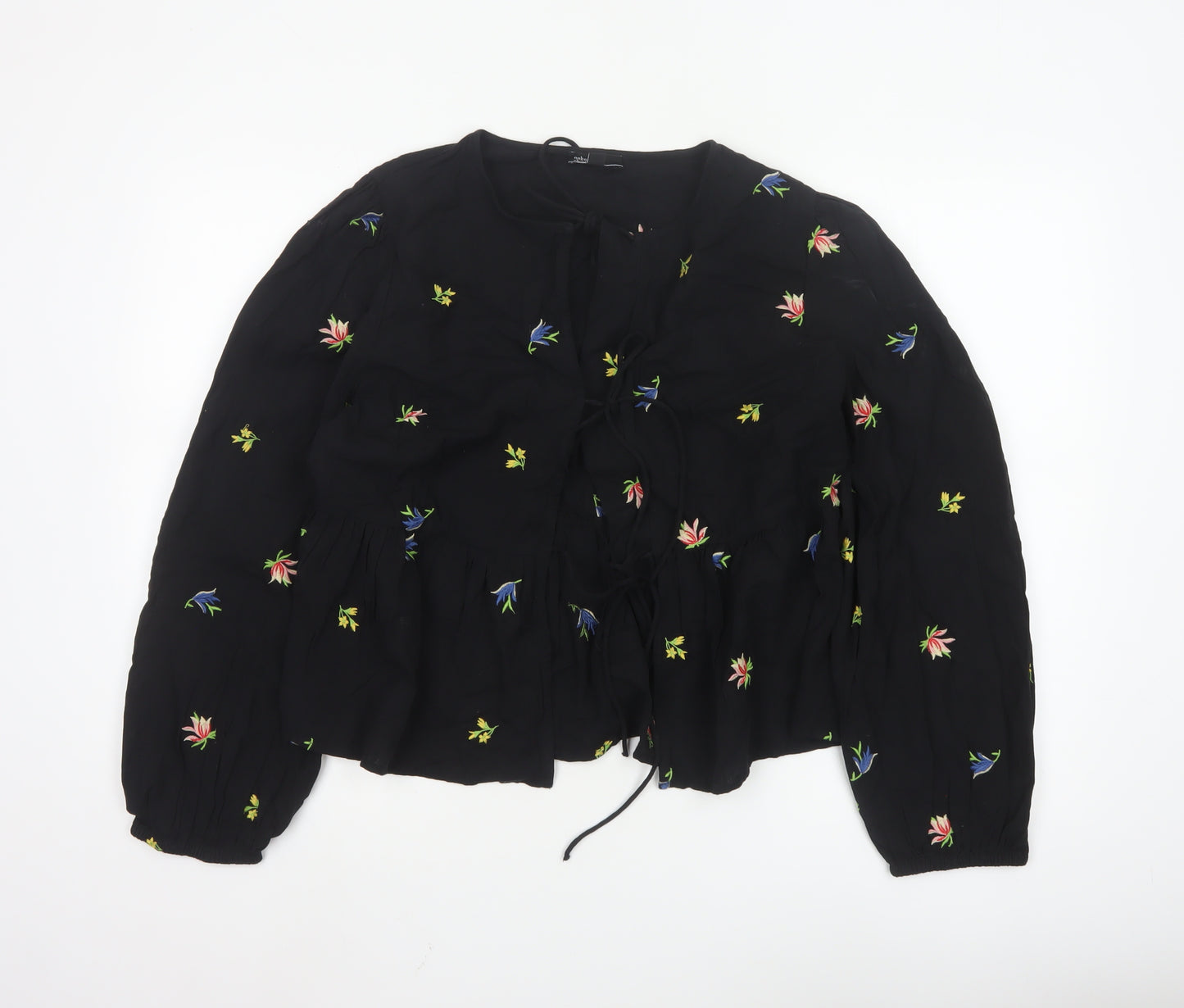 Nobody’s Child Women’s Black Floral Embroidered Peasant Blouse UK 14