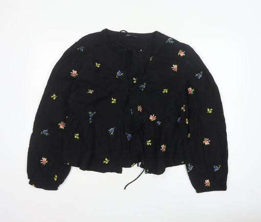 Nobody’s Child Women’s Black Floral Embroidered Peasant Blouse UK 14