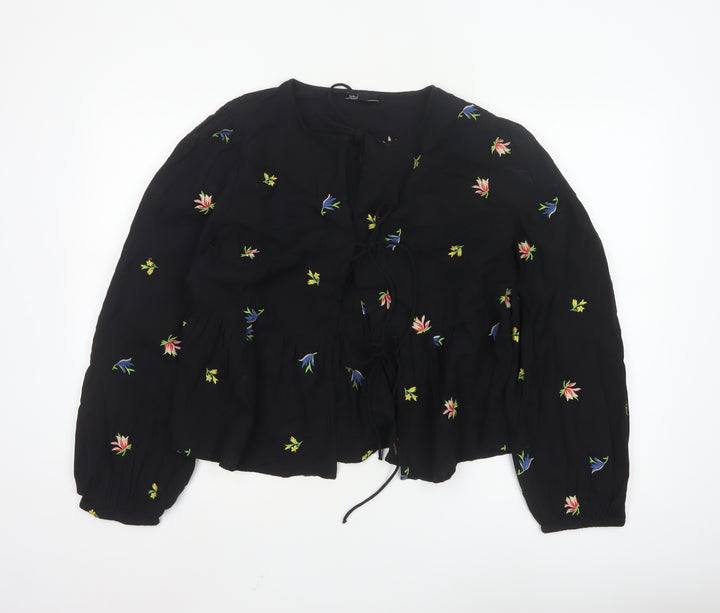 Nobody’s Child Women’s Black Floral Embroidered Peasant Blouse UK 14