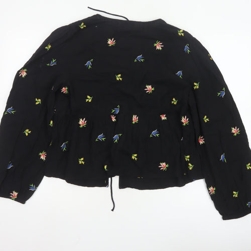 Nobody’s Child Women’s Black Floral Embroidered Peasant Blouse UK 14