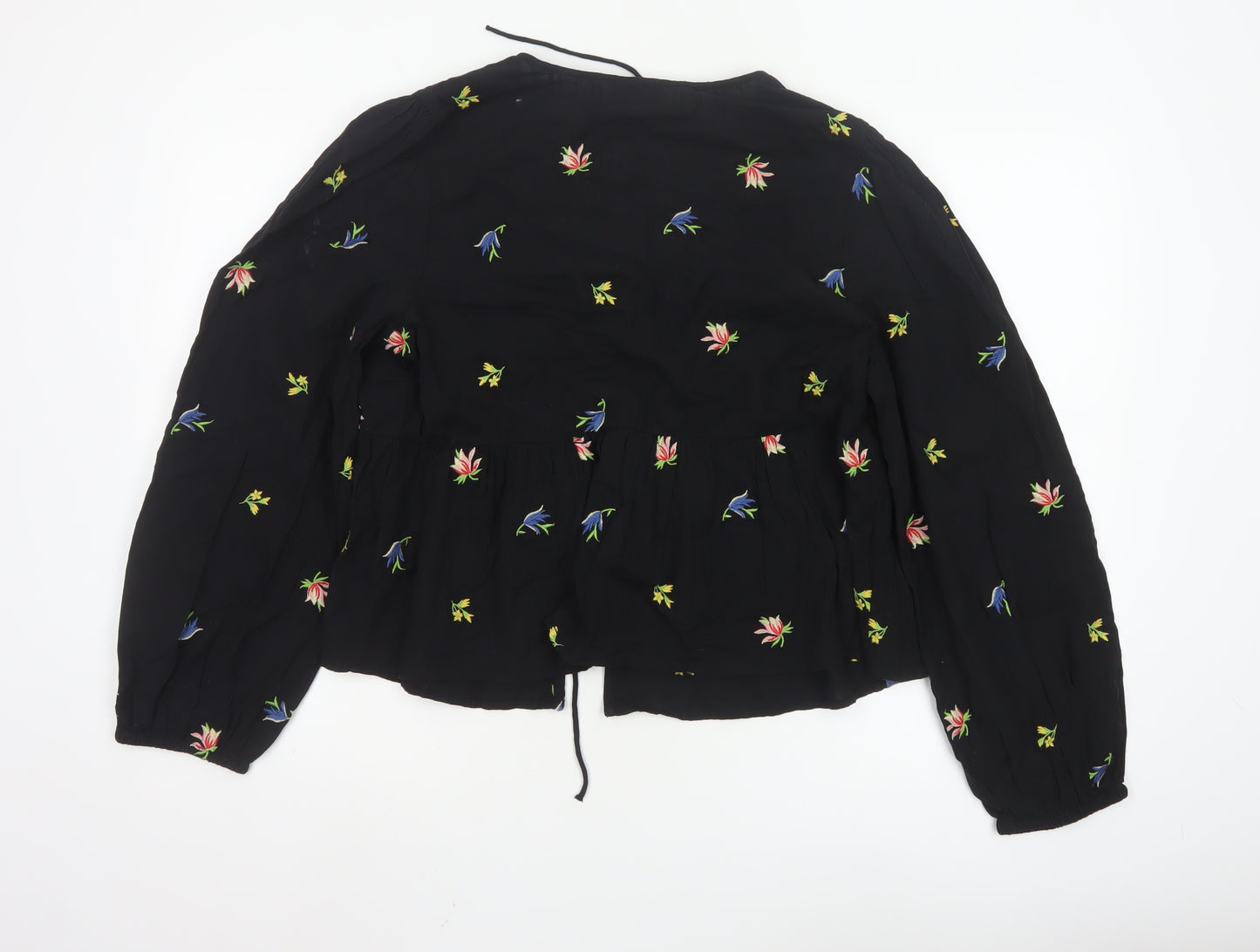 Nobody’s Child Women’s Black Floral Embroidered Peasant Blouse UK 14