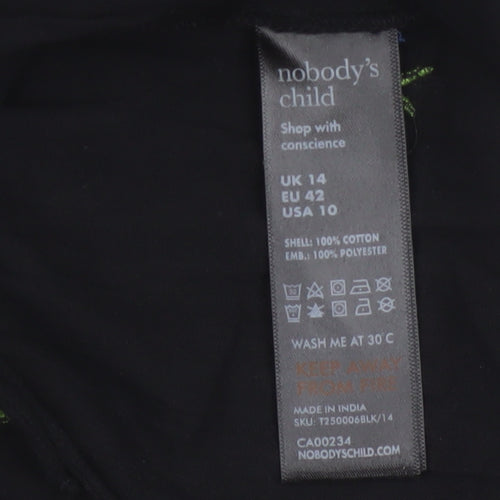 Nobody’s Child Women’s Black Floral Embroidered Peasant Blouse UK 14