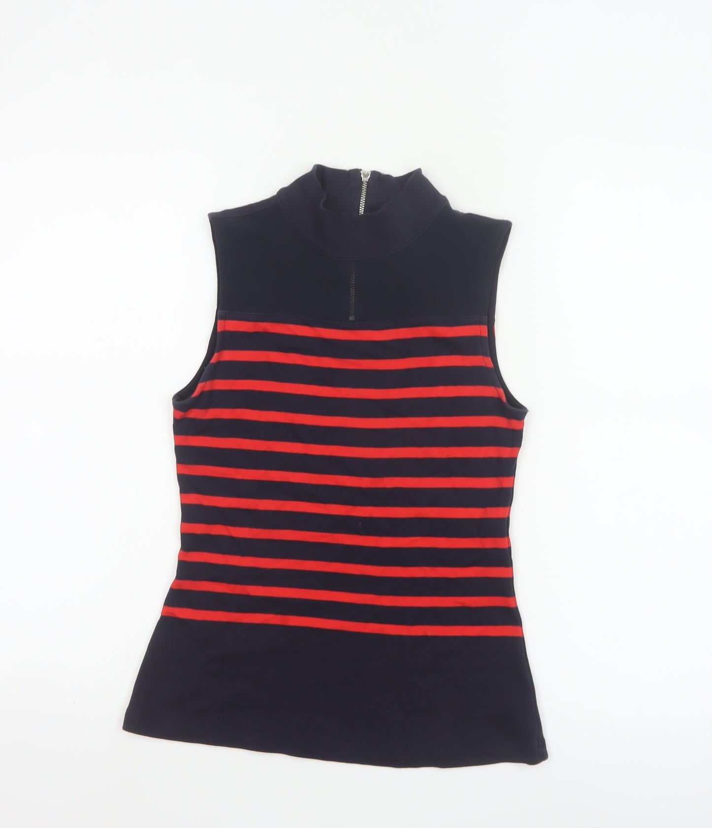 Karen Millen Women's Blue Red Striped Sleeveless Zip Neck Tank Top Size 8