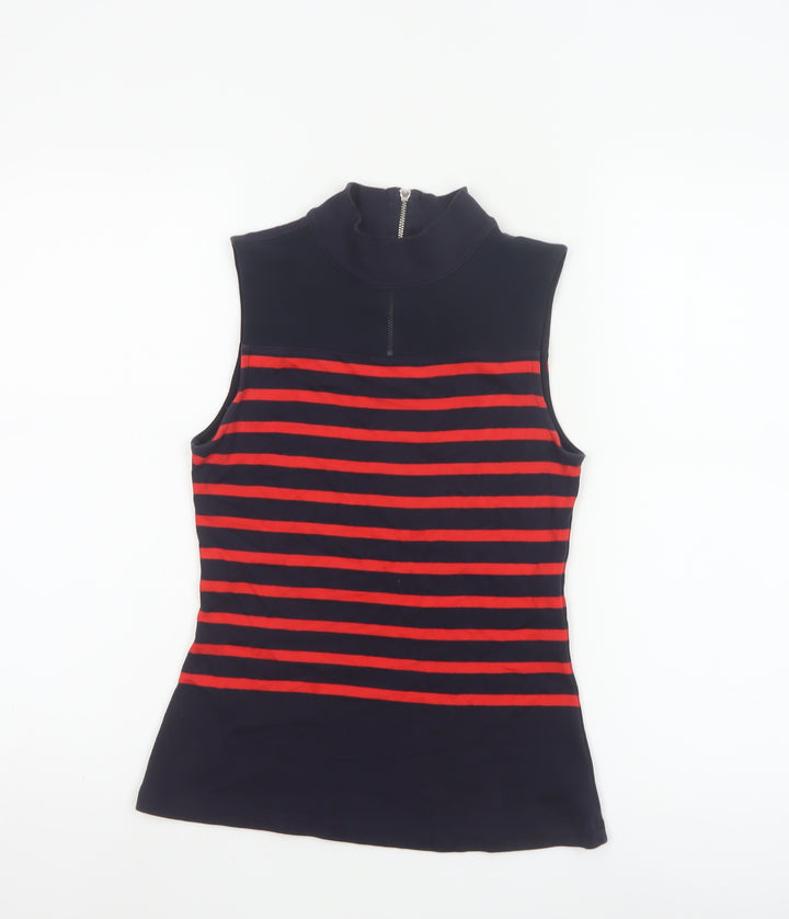 Karen Millen Women's Blue Red Striped Sleeveless Zip Neck Tank Top Size 8