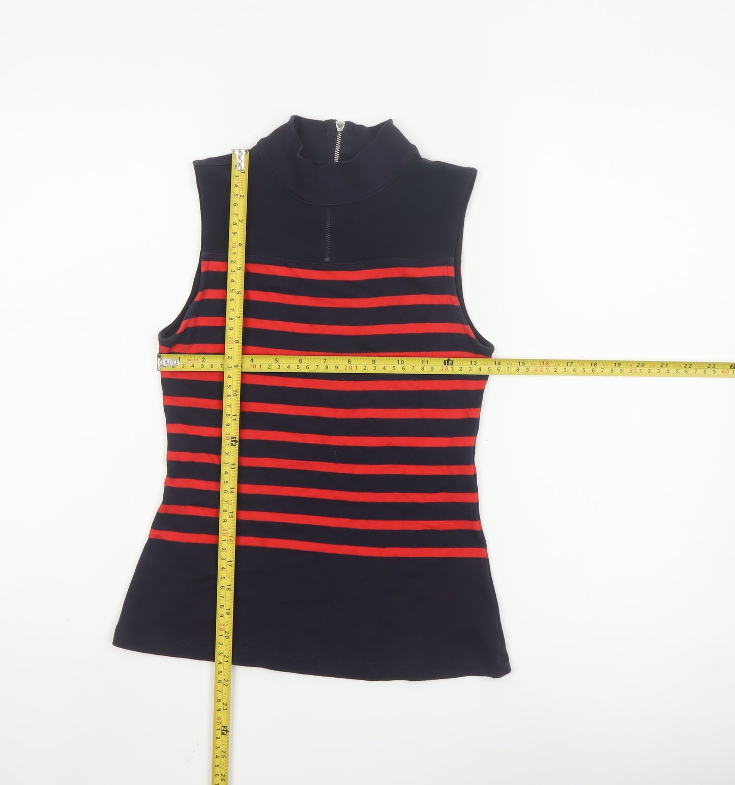 Karen Millen Women's Blue Red Striped Sleeveless Zip Neck Tank Top Size 8