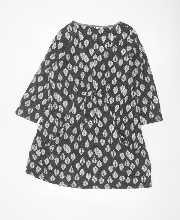 White Stuff Women Grey Leaf Print Cotton Shift Dress UK 18