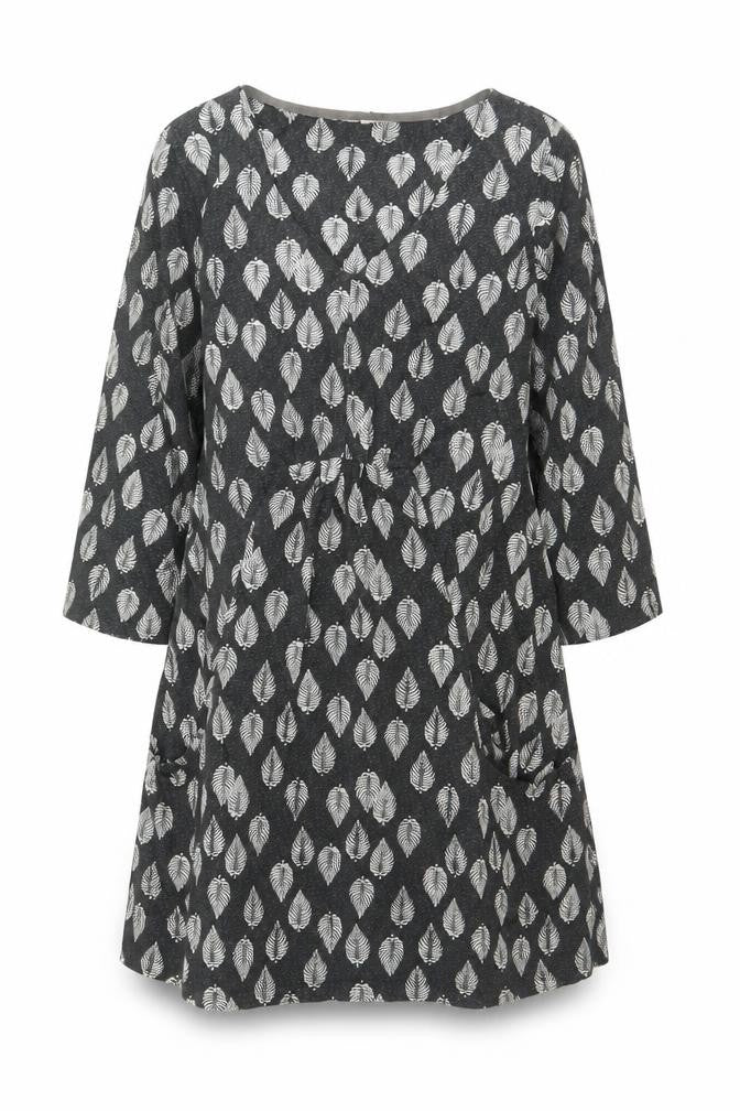 Front view of White Stuff Women Grey Leaf Print Cotton Shift Dress UK 18