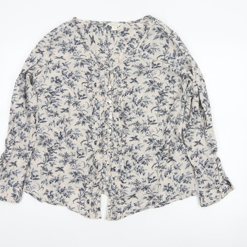 Monsoon Women's Beige Floral Button-Up Blouse Size 18 Long Sleeve Cotton