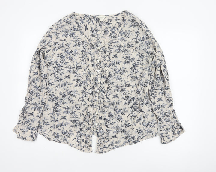 Monsoon Women's Beige Floral Button-Up Blouse Size 18 Long Sleeve Cotton