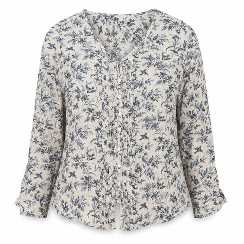 Monsoon Women's Beige Floral Button-Up Blouse Size 18 Long Sleeve Cotton