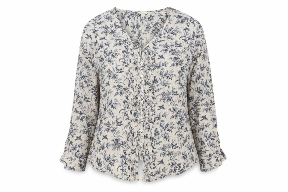 Monsoon Women's Beige Floral Button-Up Blouse Size 18 Long Sleeve Cotton