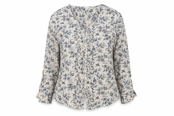 Monsoon Women's Beige Floral Button-Up Blouse Size 18 Long Sleeve Cotton