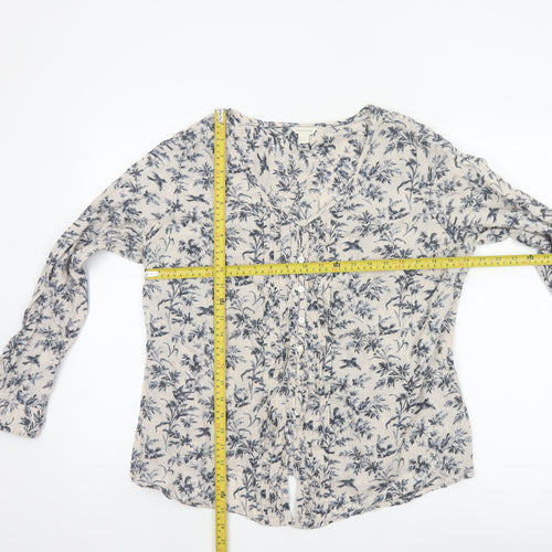 Monsoon Women's Beige Floral Button-Up Blouse Size 18 Long Sleeve Cotton